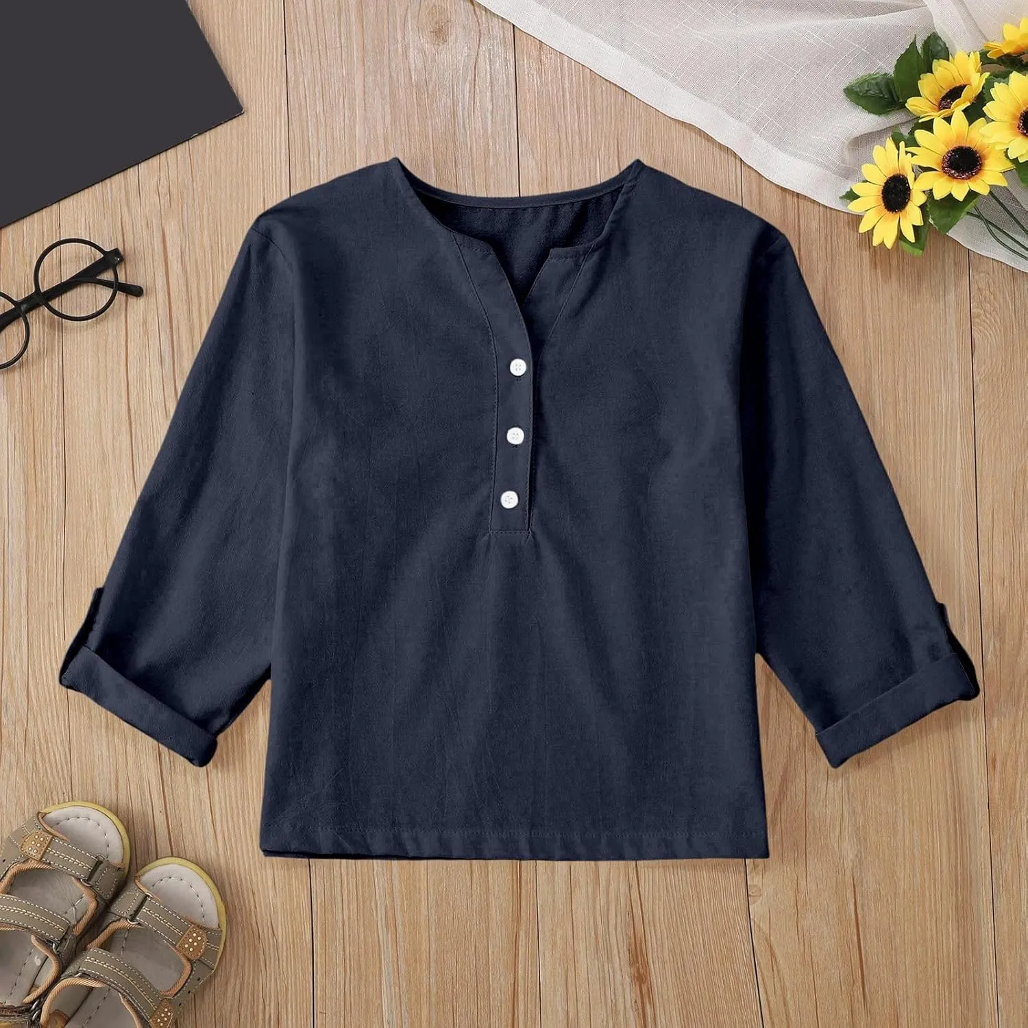 Kids Buttons Shirts Long Sleeve Solid V Neck Cotton Linen Tees Tops Toddler Summer Casual Blouse Tops Clothes Comfy
