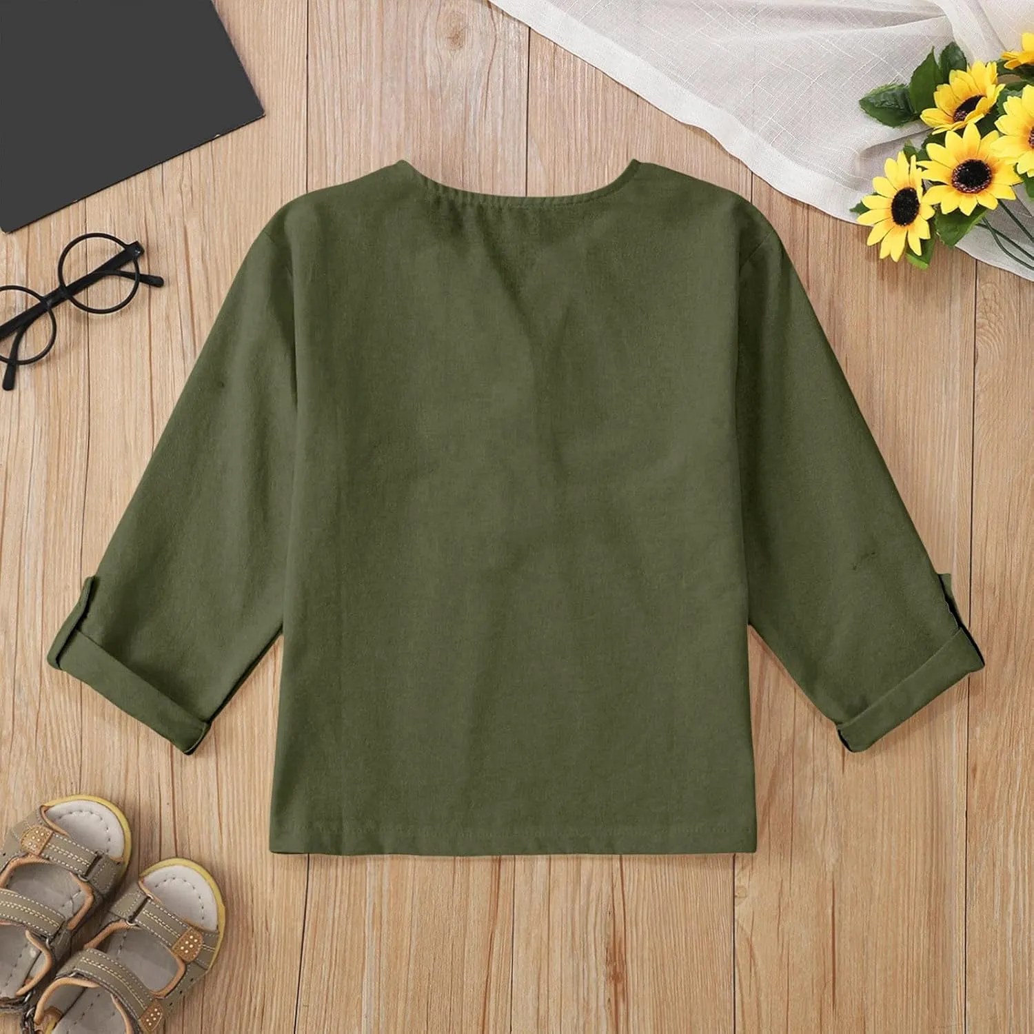 Kids Buttons Shirts Long Sleeve Solid V Neck Cotton Linen Tees Tops Toddler Summer Casual Blouse Tops Clothes Comfy
