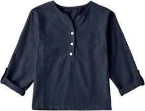 Kids Buttons Shirts Long Sleeve Solid V Neck Cotton Linen Tees Tops Toddler Summer Casual Blouse Tops Clothes Comfy