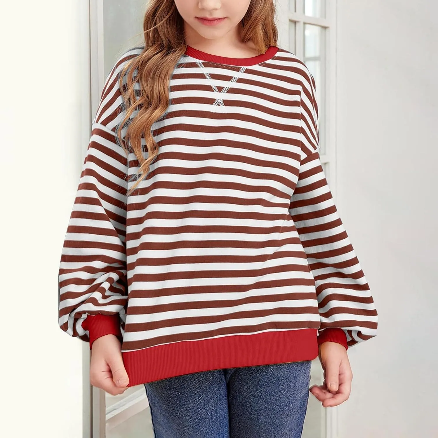 Kids Crew Neck Sweater Striped Long Sleeve Shirts Pullover Tops for Boys Toddler Cotton Soft Sweatshirt Knit Clothes