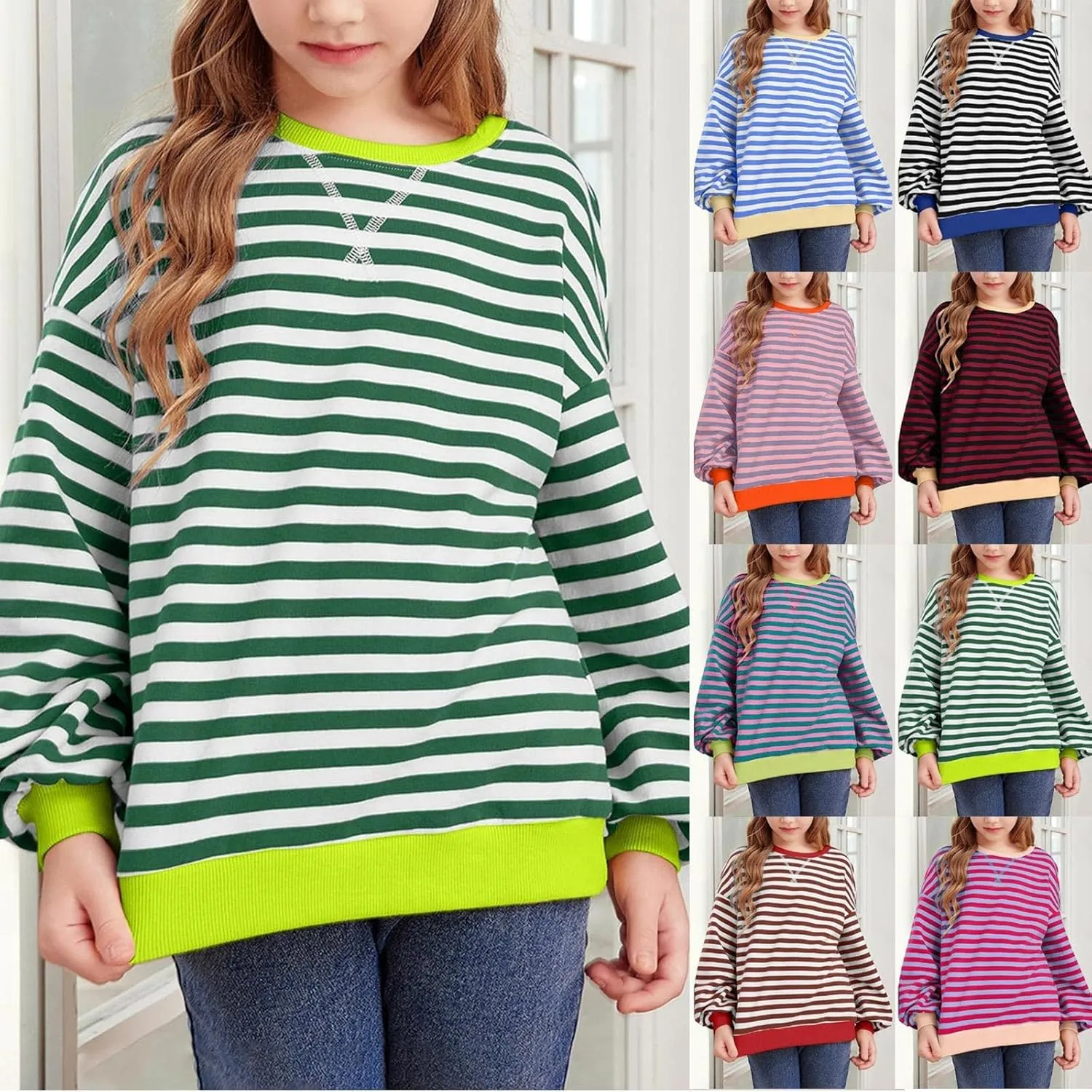 Kids Crew Neck Sweater Striped Long Sleeve Shirts Pullover Tops for Boys Toddler Cotton Soft Sweatshirt Knit Clothes