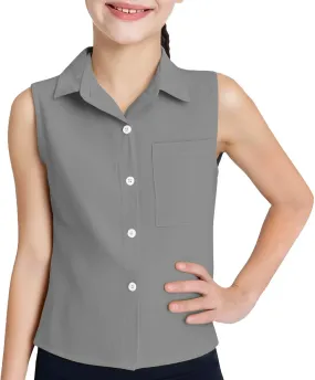 Kids Girls Cotton Linen Shirt Button Down Sleeveless Slim Solid Tank Top with Pocket Summer Casual Clothes