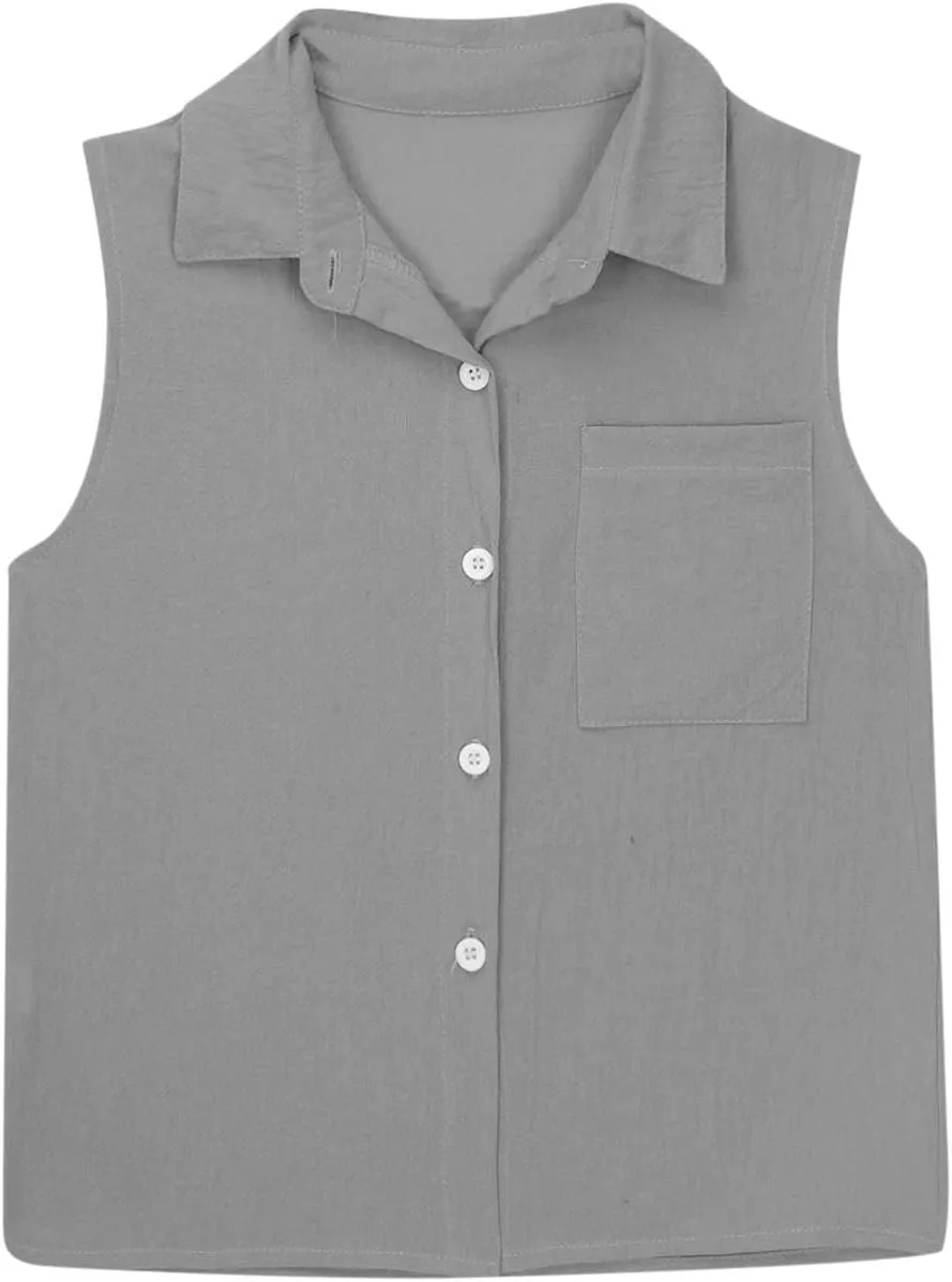 Kids Girls Cotton Linen Shirt Button Down Sleeveless Slim Solid Tank Top with Pocket Summer Casual Clothes