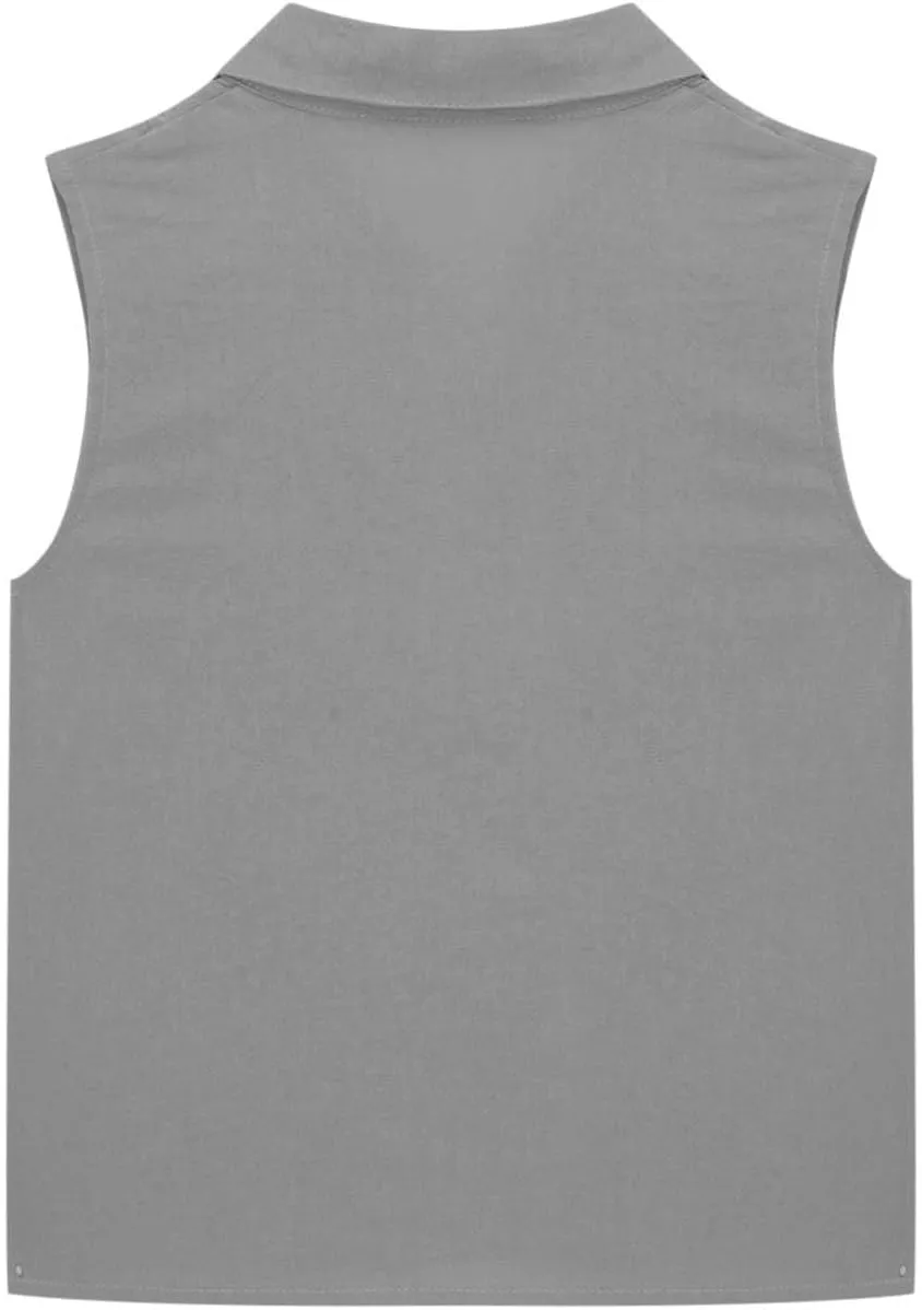 Kids Girls Cotton Linen Shirt Button Down Sleeveless Slim Solid Tank Top with Pocket Summer Casual Clothes
