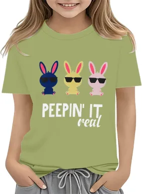 Kids Girls Easter Days T-Shirt Baby Girls Solid Color Short Sleeve Round Neck Tops Happy Easter Bunny Graphic Print Tees