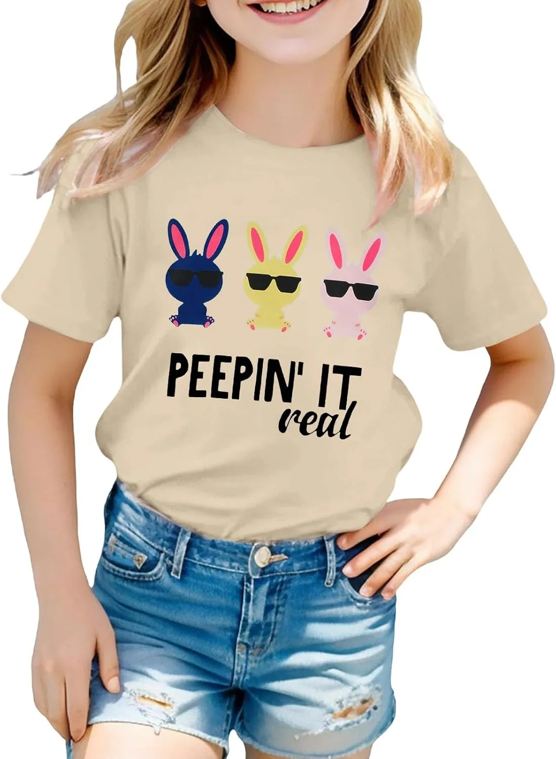 Kids Girls Easter Days T-Shirt Baby Girls Solid Color Short Sleeve Round Neck Tops Happy Easter Bunny Graphic Print Tees