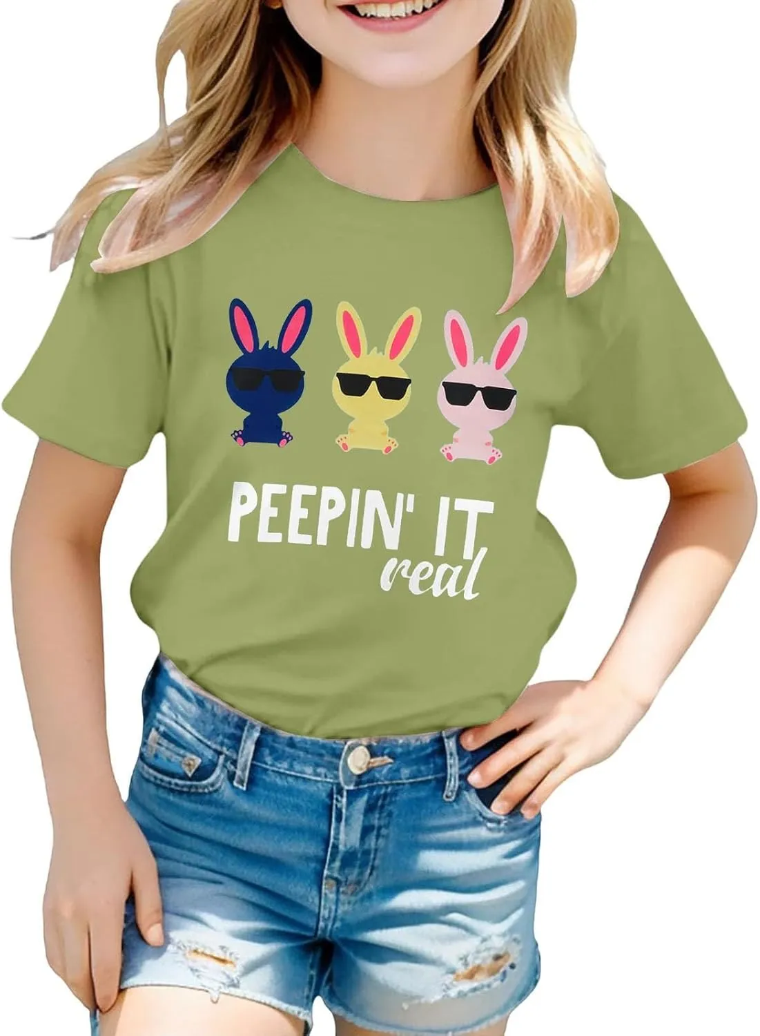 Kids Girls Easter Days T-Shirt Baby Girls Solid Color Short Sleeve Round Neck Tops Happy Easter Bunny Graphic Print Tees