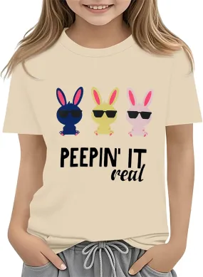 Kids Girls Easter Days T-Shirt Baby Girls Solid Color Short Sleeve Round Neck Tops Happy Easter Bunny Graphic Print Tees
