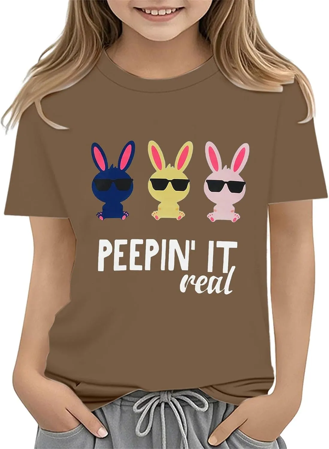 Kids Girls Easter Days T-Shirt Baby Girls Solid Color Short Sleeve Round Neck Tops Happy Easter Bunny Graphic Print Tees