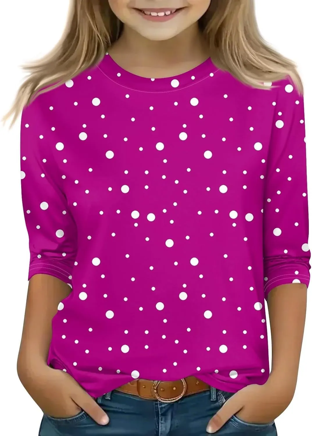 Kids Girls Long Sleeve Shirts Tops Dot Print Soft Crew Neck Tees Blouse Tunic Teen Youth Summer Casual Loose Basic