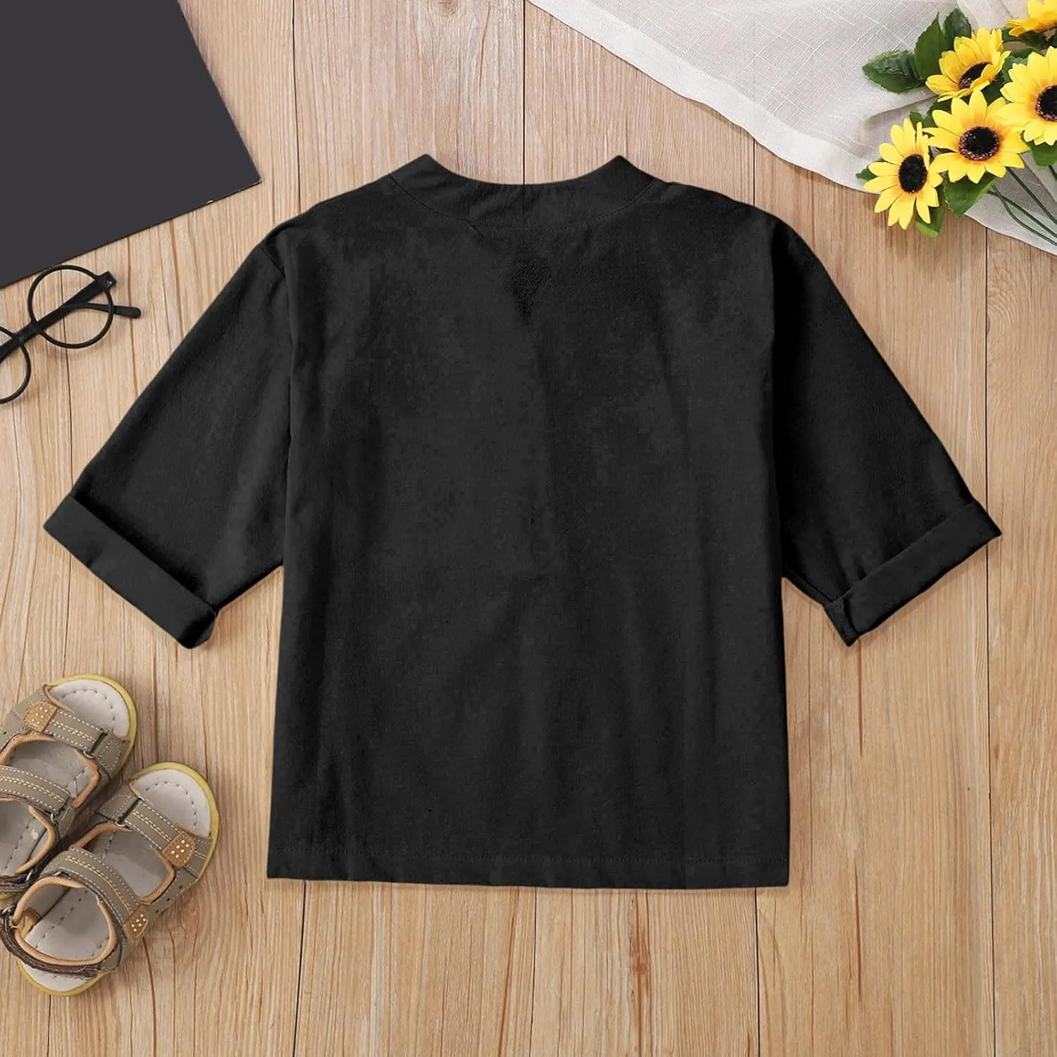 Kids Girls Short Sleeve Buttons Shirts with Pocket Solid V Neck Cotton Linen School Uniform Blouse Toddler Casual Tops