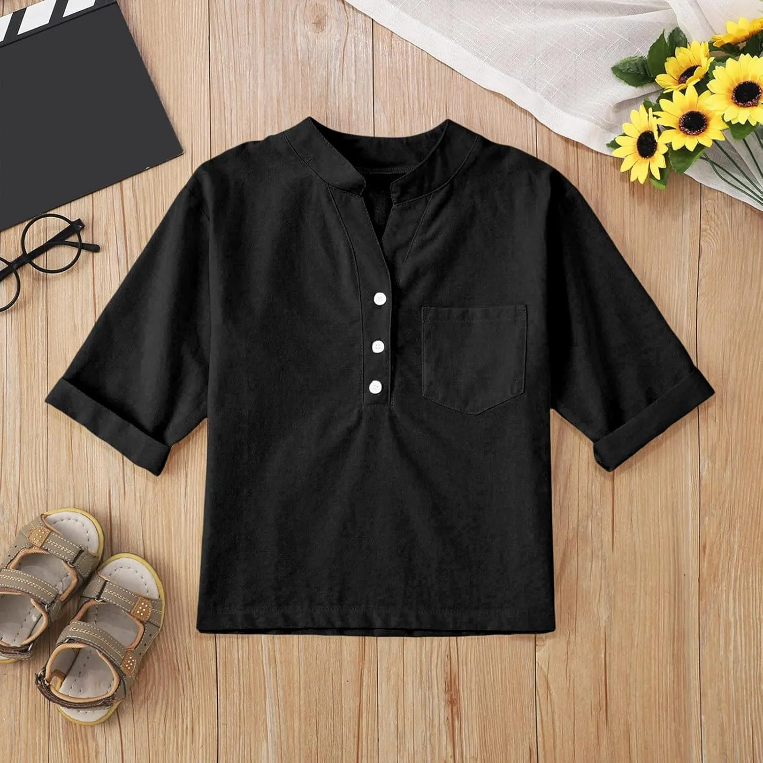 Kids Girls Short Sleeve Buttons Shirts with Pocket Solid V Neck Cotton Linen School Uniform Blouse Toddler Casual Tops
