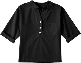 Kids Girls Short Sleeve Buttons Shirts with Pocket Solid V Neck Cotton Linen School Uniform Blouse Toddler Casual Tops
