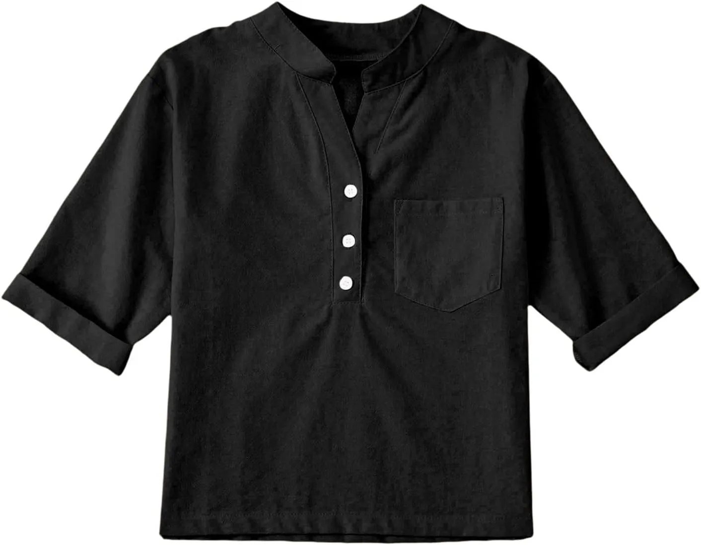 Kids Girls Short Sleeve Buttons Shirts with Pocket Solid V Neck Cotton Linen School Uniform Blouse Toddler Casual Tops