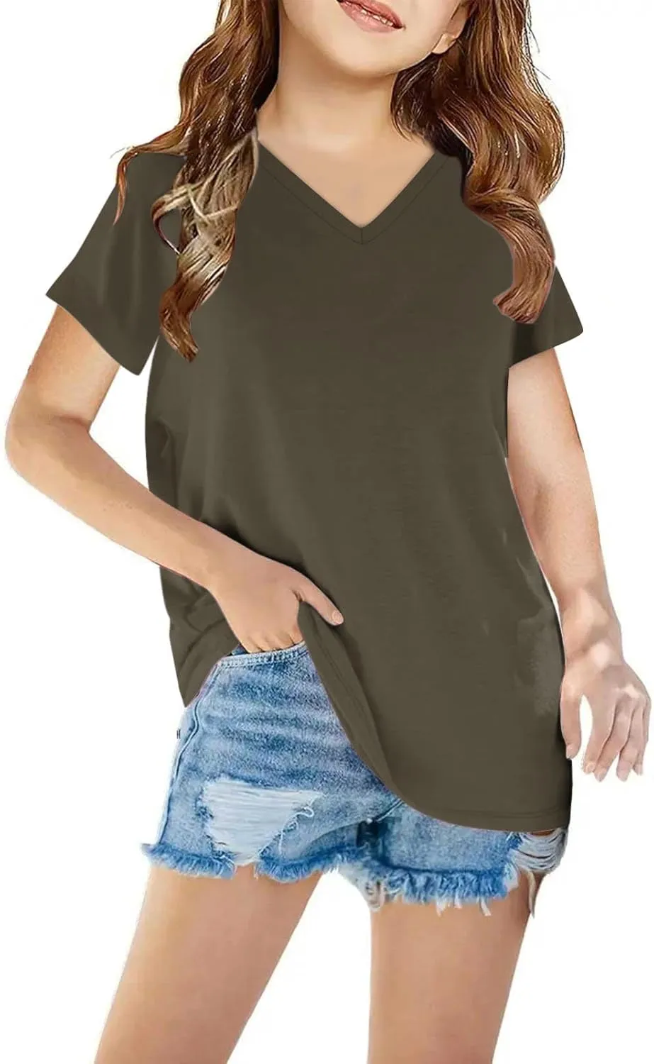 Kids Girls Short Sleeve Summer Shirts Solid Color Cute Tops V Neck Casual Loose Tee Blouse Boys Basic Fashion T Shirt