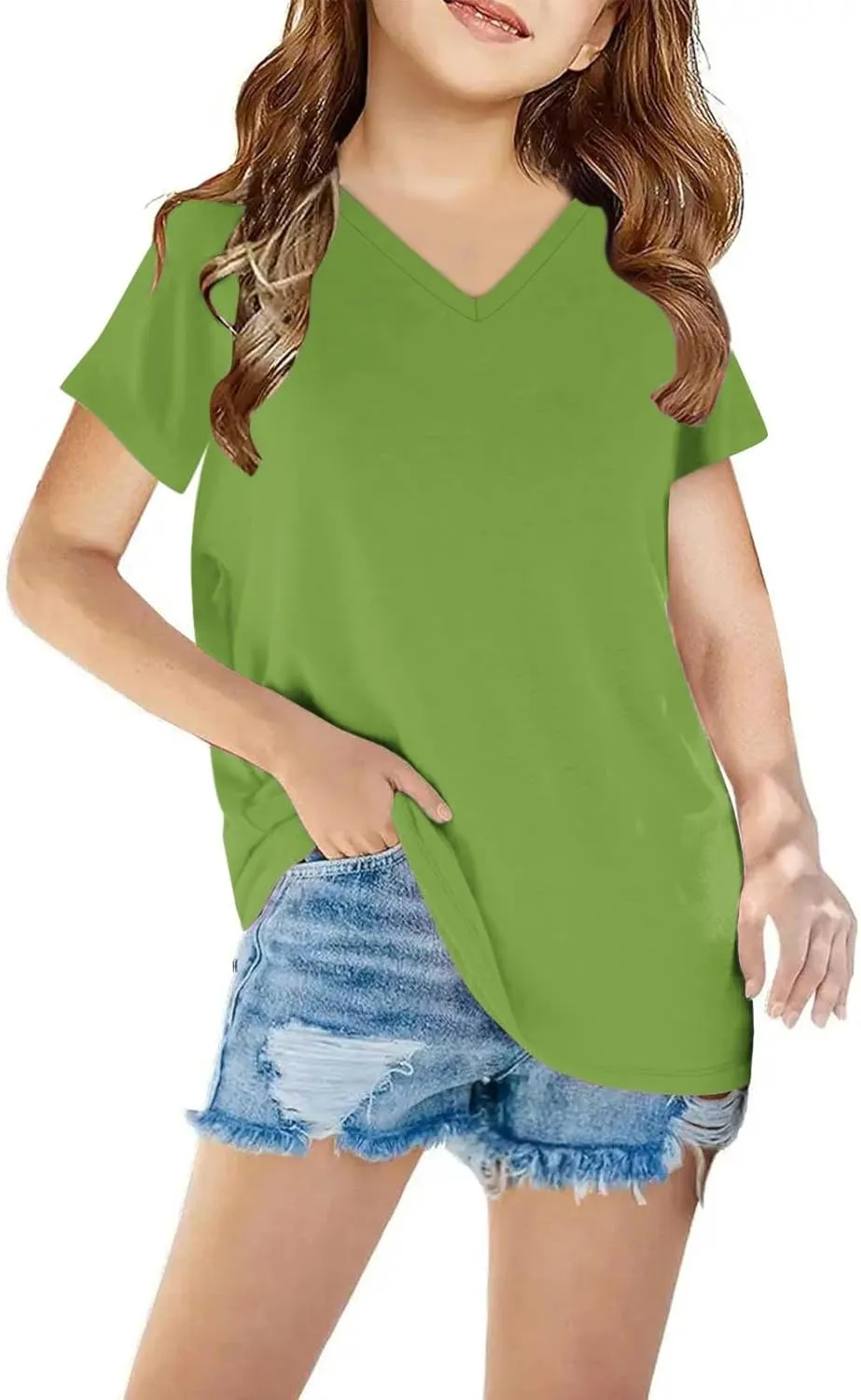 Kids Girls Short Sleeve Summer Shirts Solid Color Cute Tops V Neck Casual Loose Tee Blouse Boys Basic Fashion T Shirt
