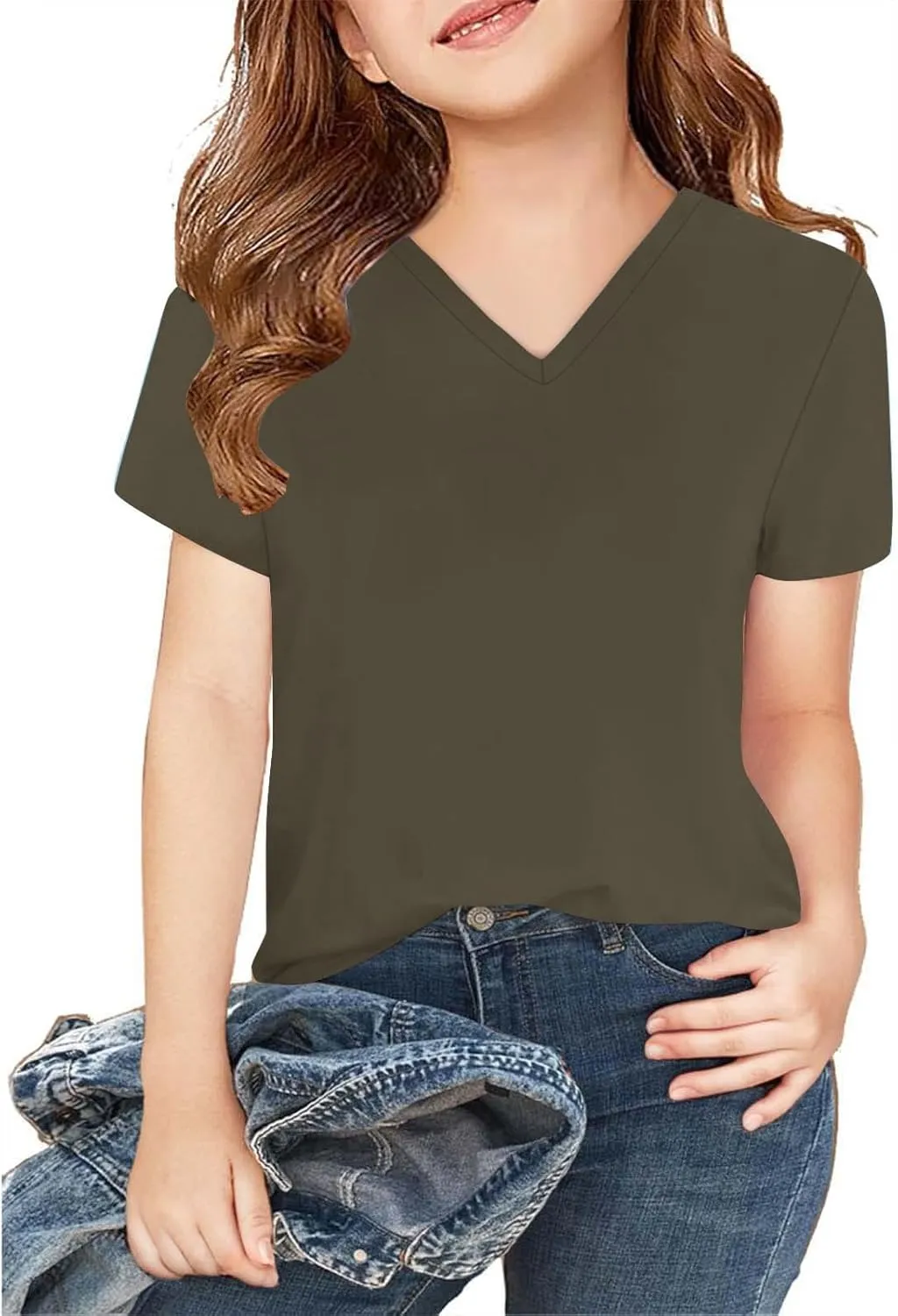 Kids Girls Short Sleeve Summer Shirts Solid Color Cute Tops V Neck Casual Loose Tee Blouse Boys Basic Fashion T Shirt
