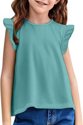 Kids Girls T Shirts Ruffle Sleeve Crewneck T Shirts Summer Loose Fit Basic Tees Tops Casual Blouses for Teen Girls