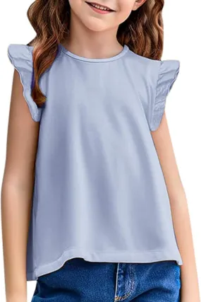 Kids Girls T Shirts Ruffle Sleeve Crewneck T Shirts Summer Loose Fit Basic Tees Tops Casual Blouses for Teen Girls