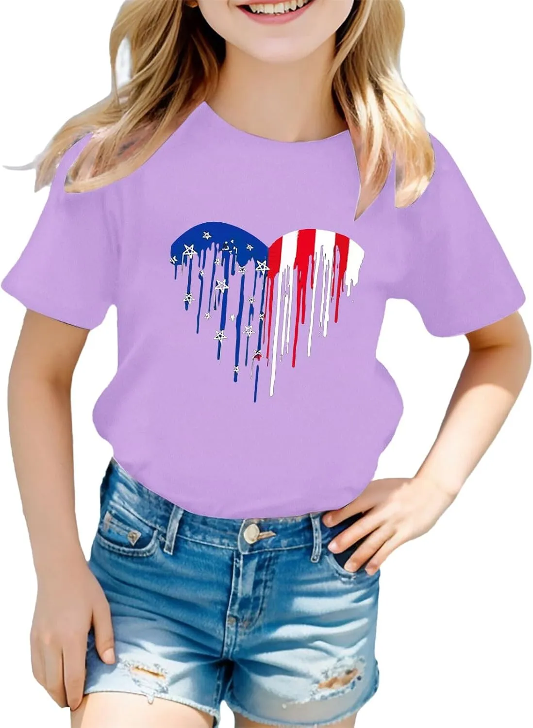 Kids Patriotic T-Shirts Short Sleeve Tees 4th of July American Flag Tops for Tween Girls Crewneck T-Shirts Trendy Tees