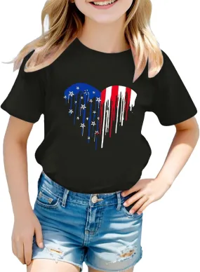 Kids Patriotic T-Shirts Short Sleeve Tees 4th of July American Flag Tops for Tween Girls Crewneck T-Shirts Trendy Tees