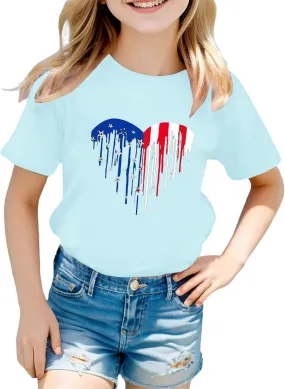 Kids Patriotic T-Shirts Short Sleeve Tees 4th of July American Flag Tops for Tween Girls Crewneck T-Shirts Trendy Tees