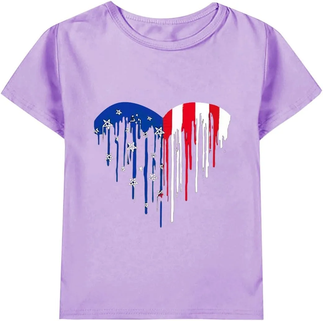 Kids Patriotic T-Shirts Short Sleeve Tees 4th of July American Flag Tops for Tween Girls Crewneck T-Shirts Trendy Tees
