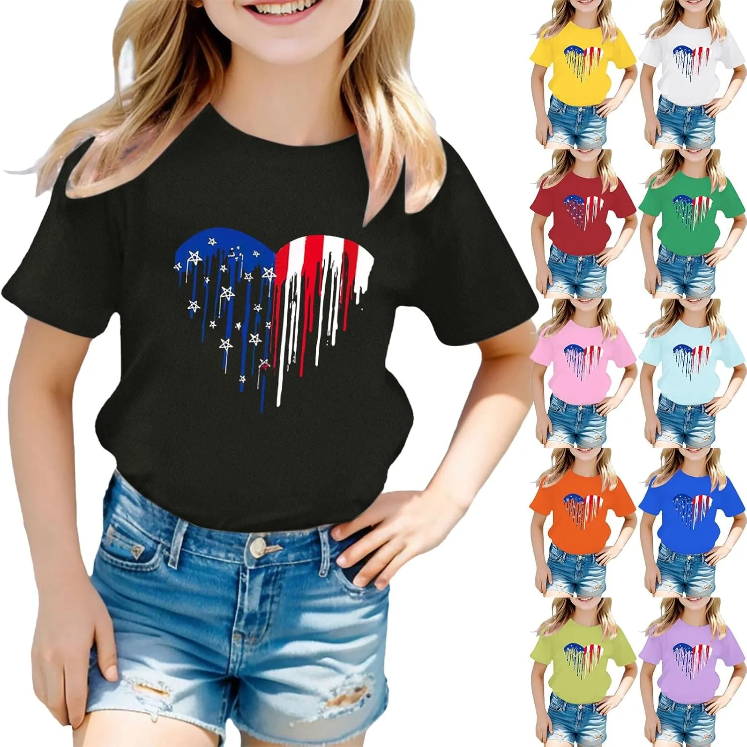 Kids Patriotic T-Shirts Short Sleeve Tees 4th of July American Flag Tops for Tween Girls Crewneck T-Shirts Trendy Tees