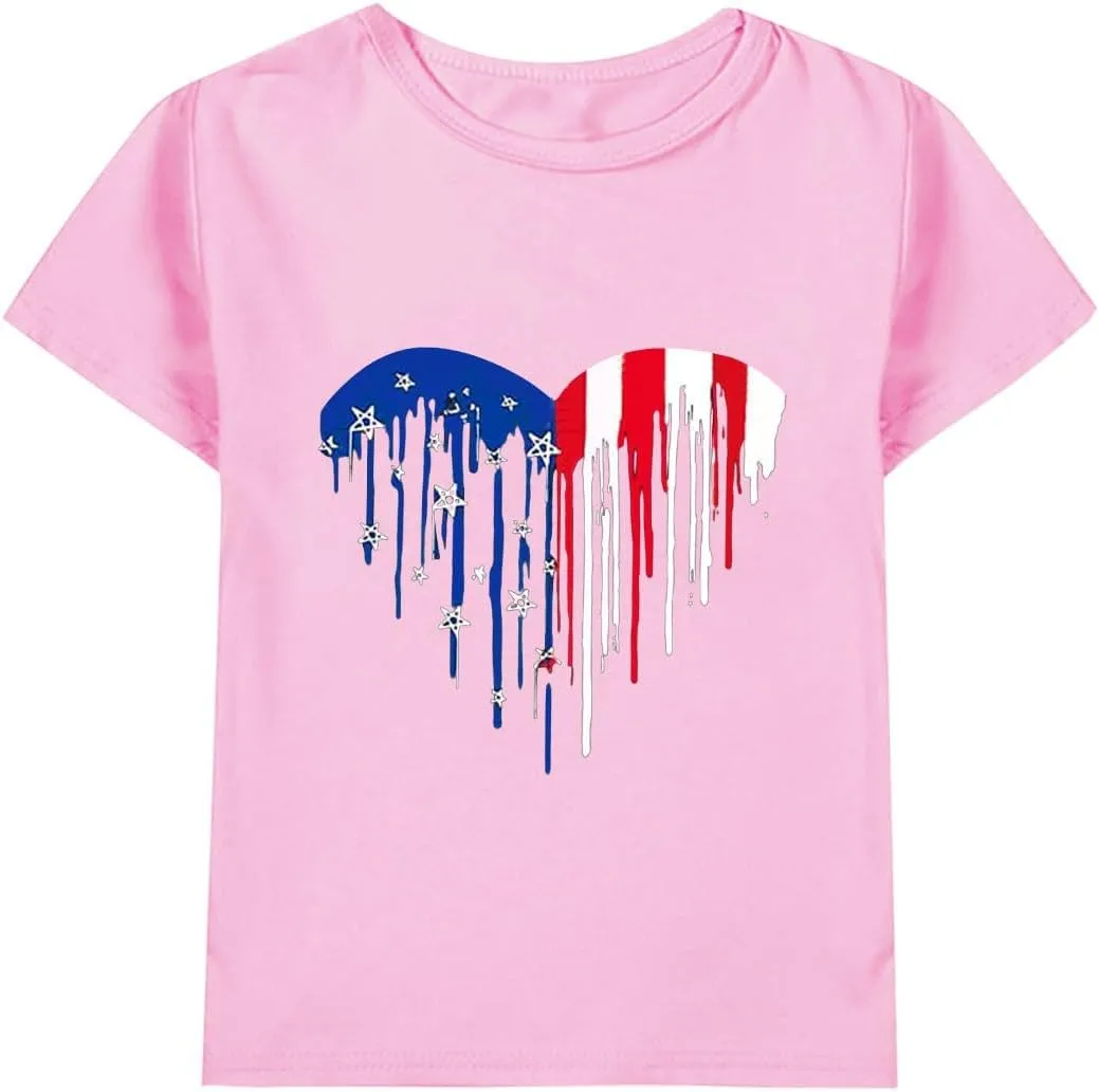 Kids Patriotic T-Shirts Short Sleeve Tees 4th of July American Flag Tops for Tween Girls Crewneck T-Shirts Trendy Tees