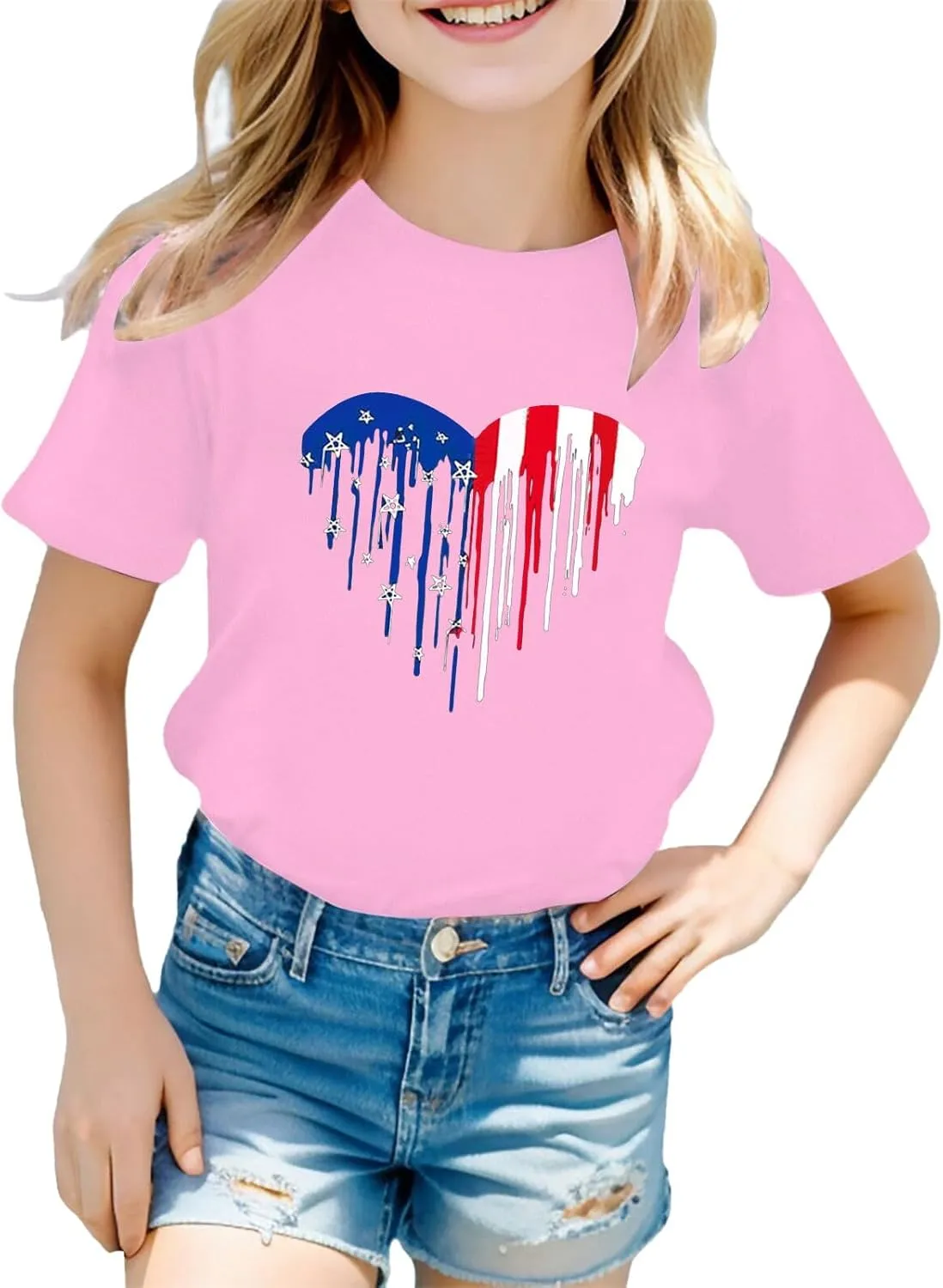 Kids Patriotic T-Shirts Short Sleeve Tees 4th of July American Flag Tops for Tween Girls Crewneck T-Shirts Trendy Tees
