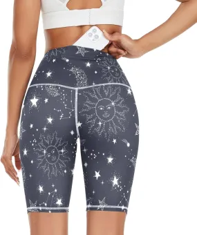 KLL Starry Night Star Sun Moon Yoga Shorts Womens Gym Athletic Shorts Biker Shorts