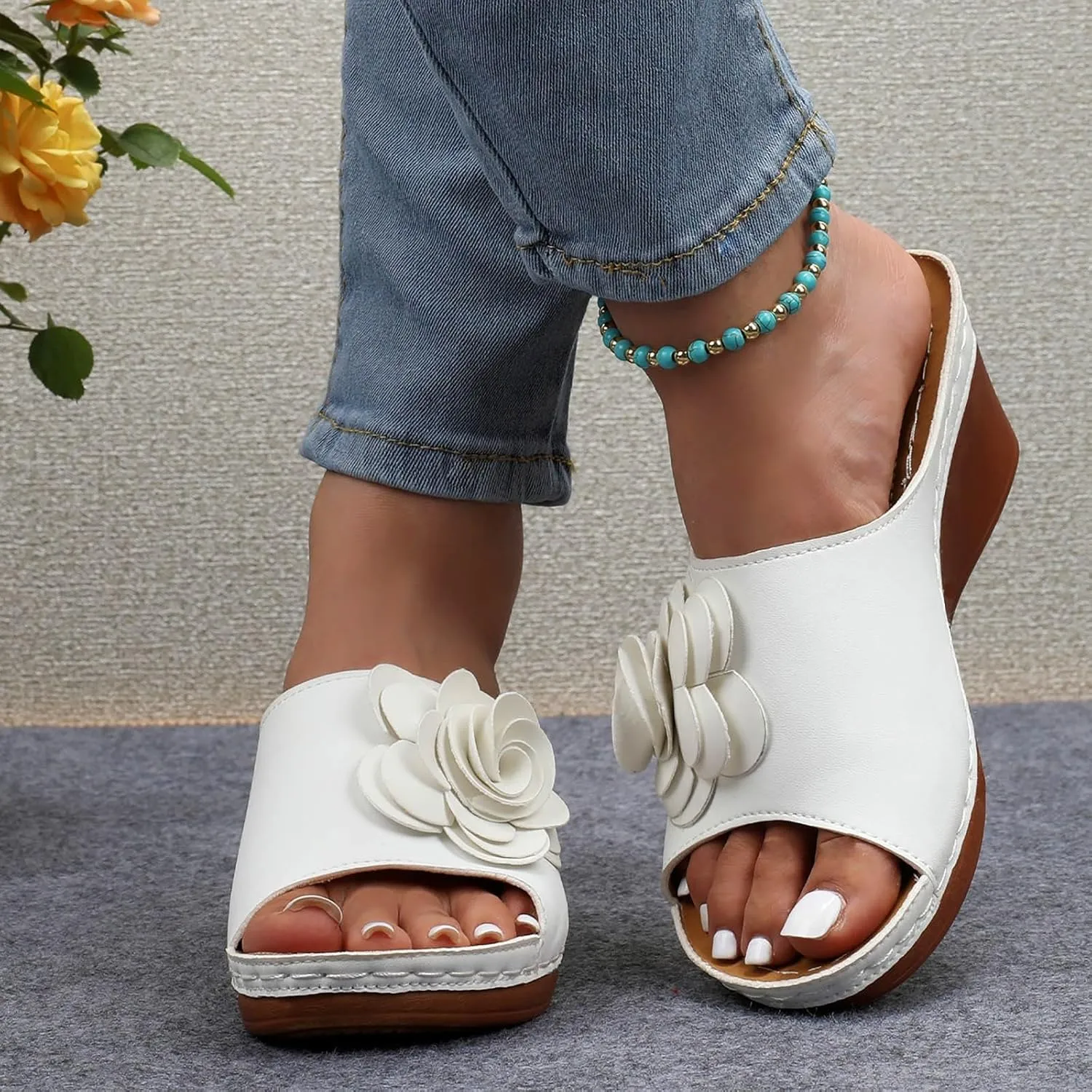 Ladies Flower Sandal Slippers Summer Slope Heel Fish Mouth Women's Casual Roman High Heel Womens Summer Sandals Aerosols