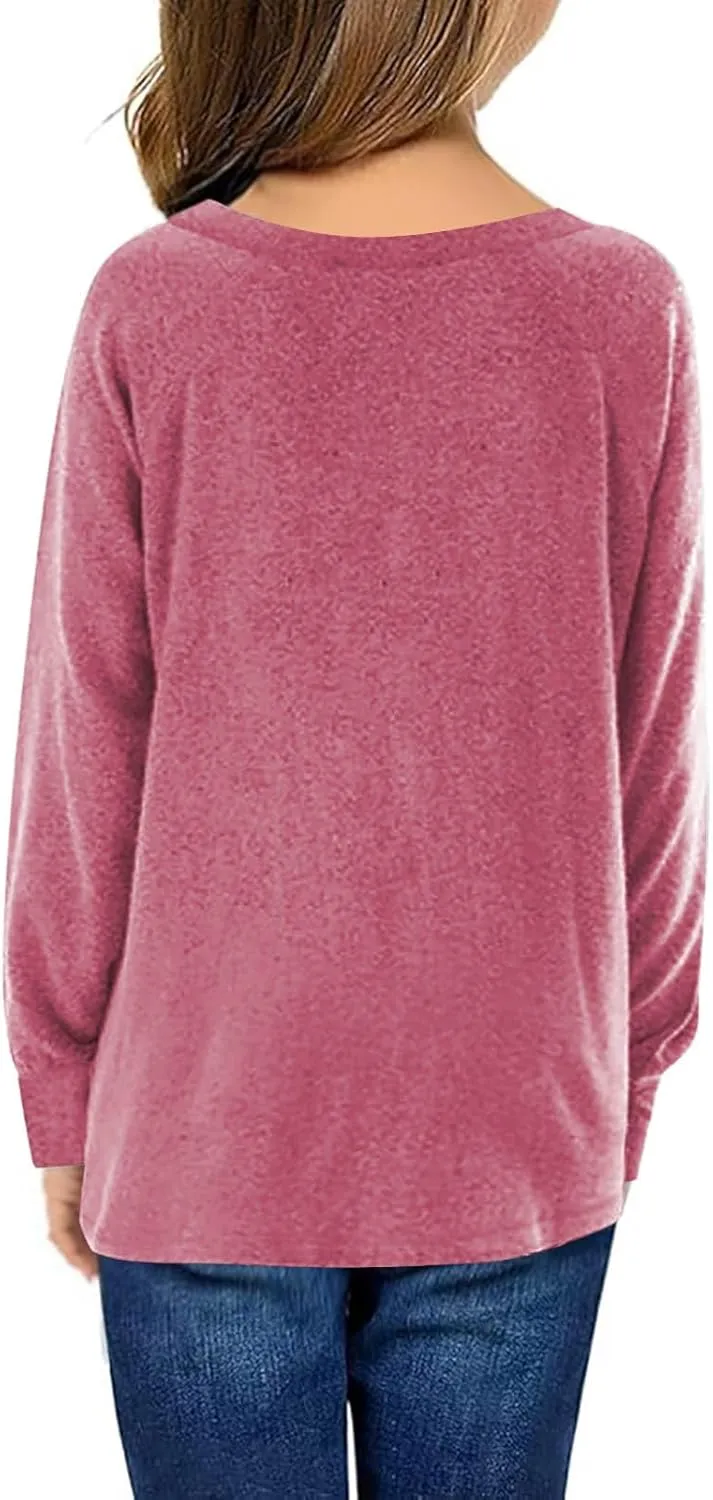 Lastesso Sleeve Shirts for Girls Oversized Crewneck T-Shirts with Pockets Basic Solid Spring Fall T-Shirts Soft Teen Clothes