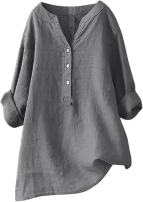 Linen Cotton Womens Long Sleeve Shirts Slim Basic Bell Sleeve Crewneck Flowy T Shirts