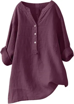 Linen Cotton Womens Long Sleeve Shirts Slim Basic Bell Sleeve Crewneck Flowy T Shirts