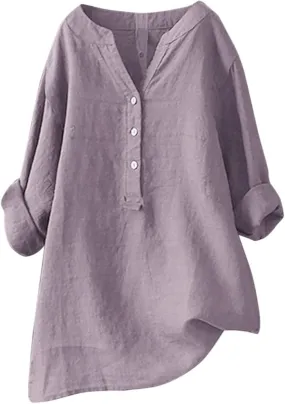 Linen Cotton Womens Long Sleeve Shirts Slim Basic Bell Sleeve Crewneck Flowy T Shirts