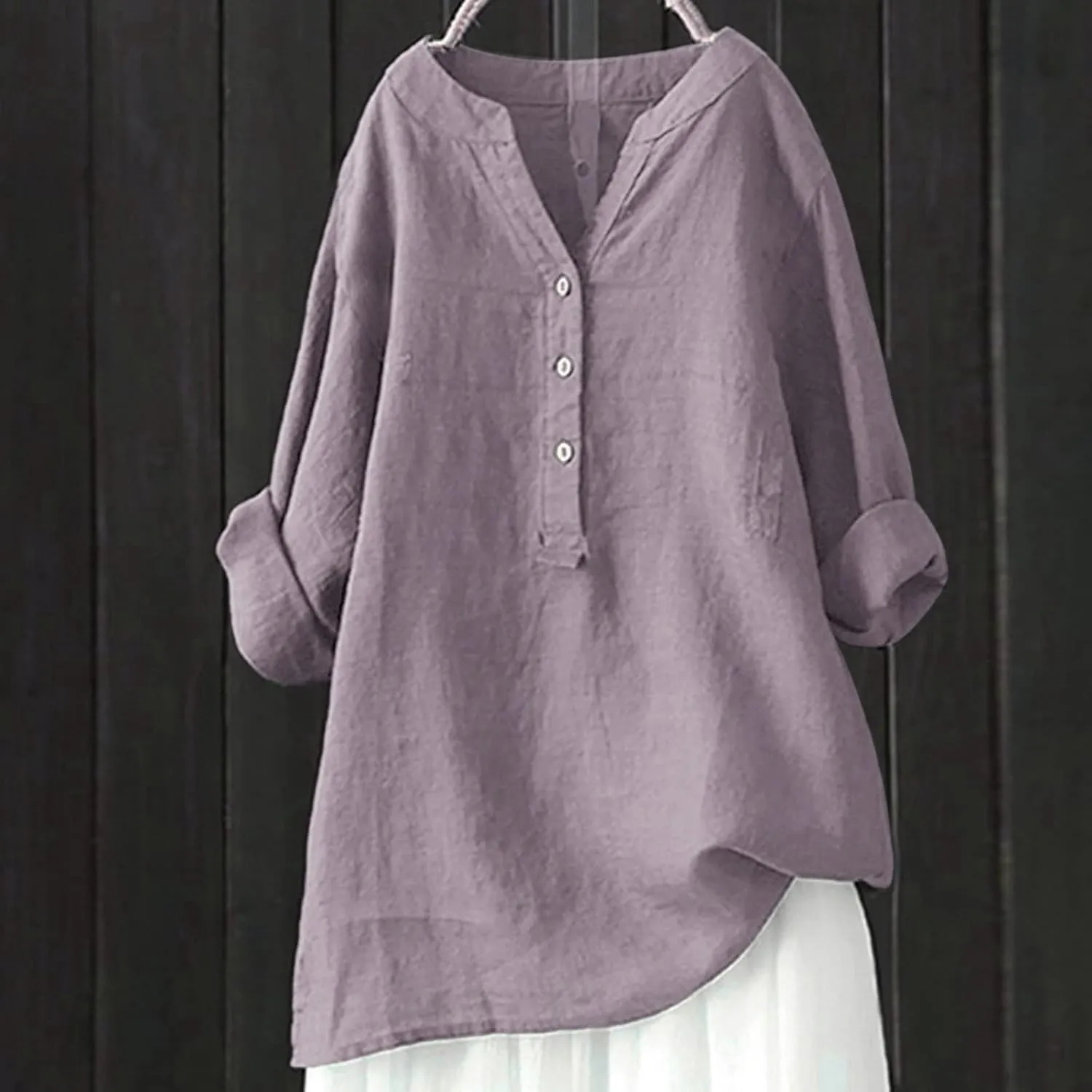 Linen Cotton Womens Long Sleeve Shirts Slim Basic Bell Sleeve Crewneck Flowy T Shirts
