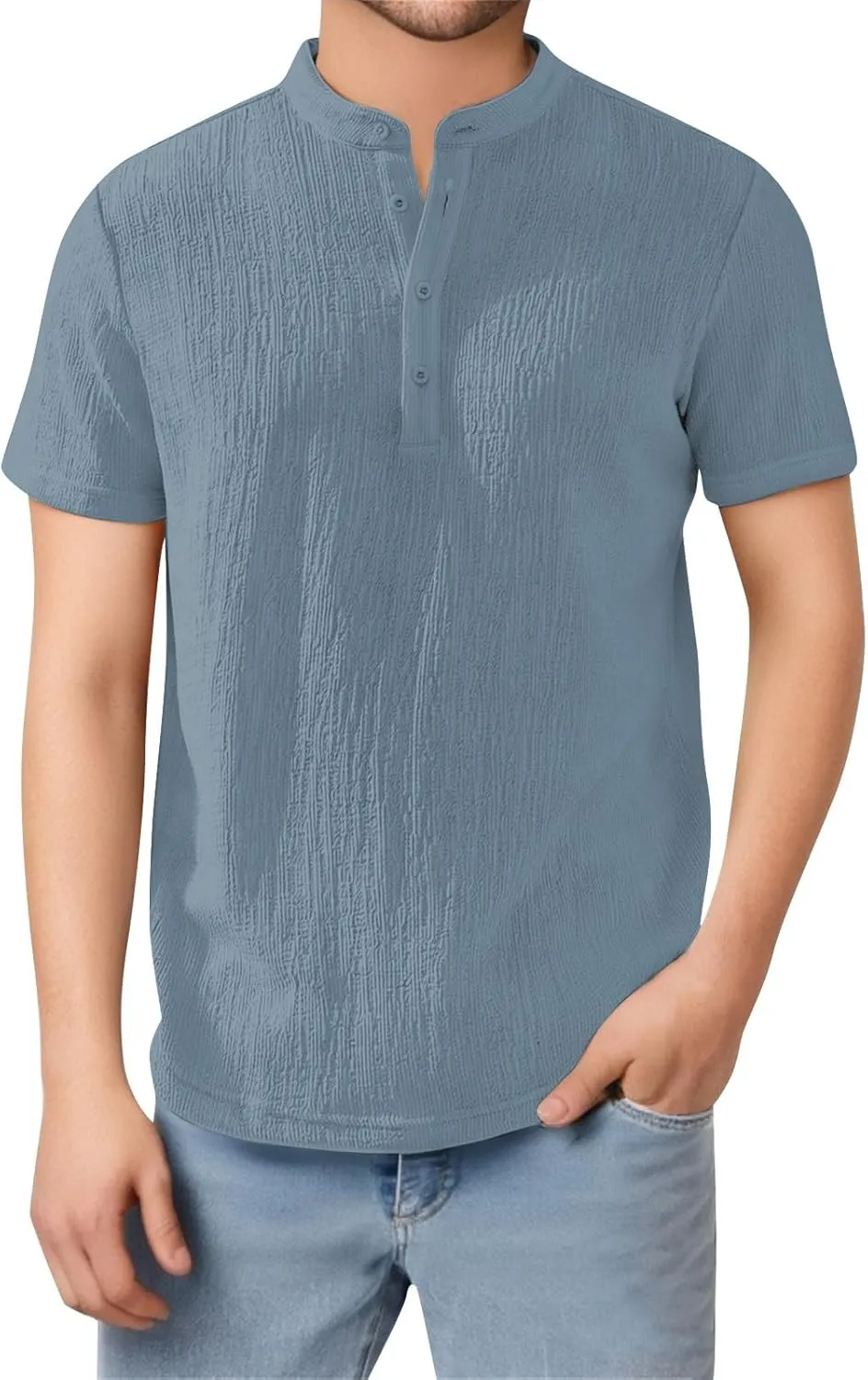 Linen Shirts Men Quick Dry Breathable Wrinkled Short Sleeve Henley Shirt Stylish Solid Color Loose Collared T-Shirts