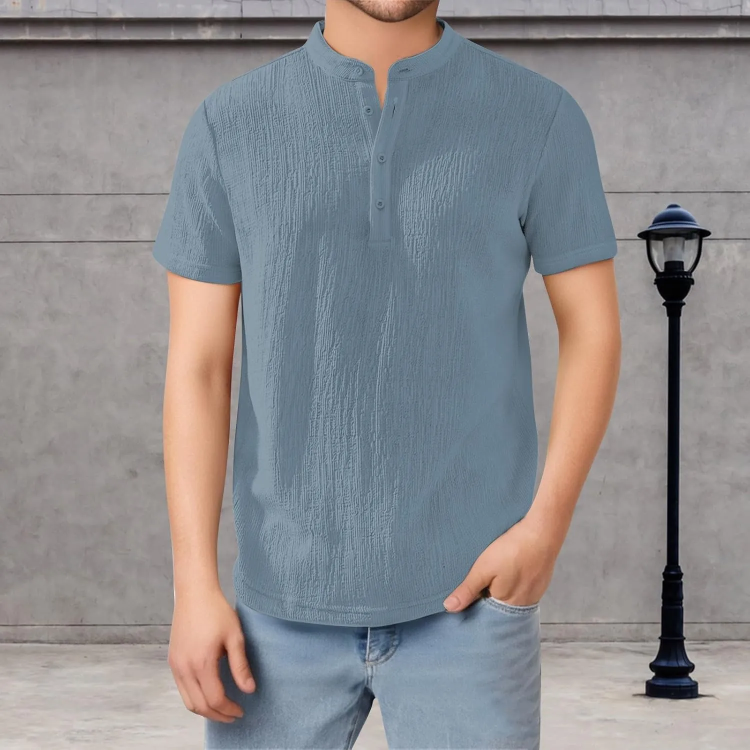 Linen Shirts Men Quick Dry Breathable Wrinkled Short Sleeve Henley Shirt Stylish Solid Color Loose Collared T-Shirts