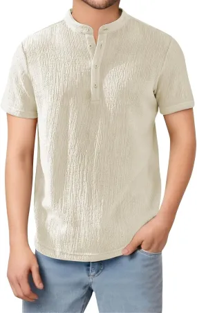 Linen Shirts Men Quick Dry Breathable Wrinkled Short Sleeve Henley Shirt Stylish Solid Color Loose Collared T-Shirts