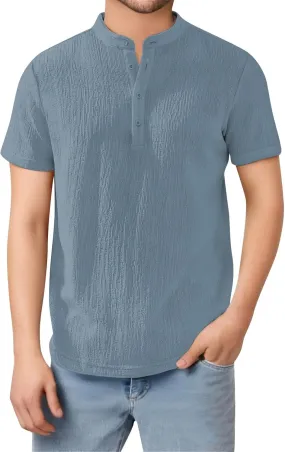 Linen Shirts Men Quick Dry Breathable Wrinkled Short Sleeve Henley Shirt Stylish Solid Color Loose Collared T-Shirts