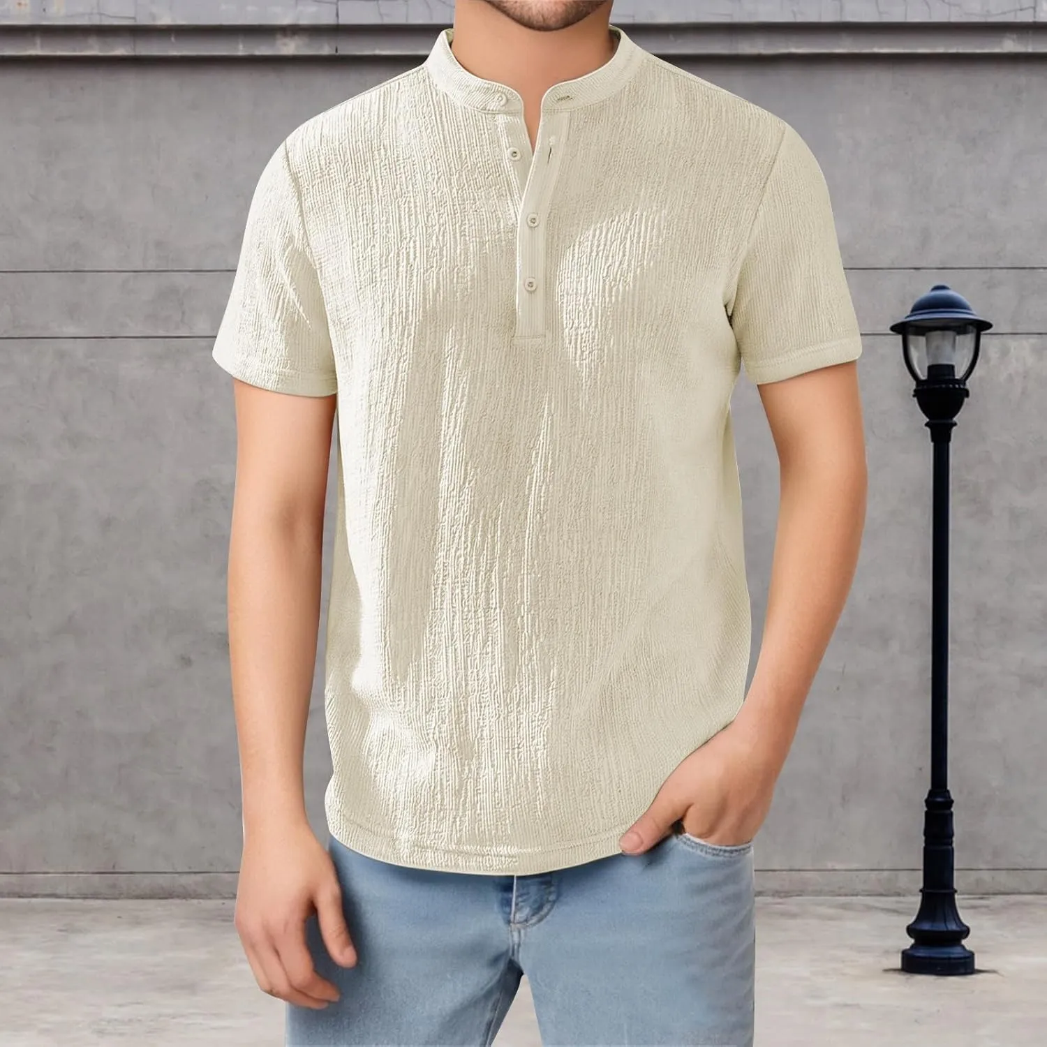Linen Shirts Men Quick Dry Breathable Wrinkled Short Sleeve Henley Shirt Stylish Solid Color Loose Collared T-Shirts