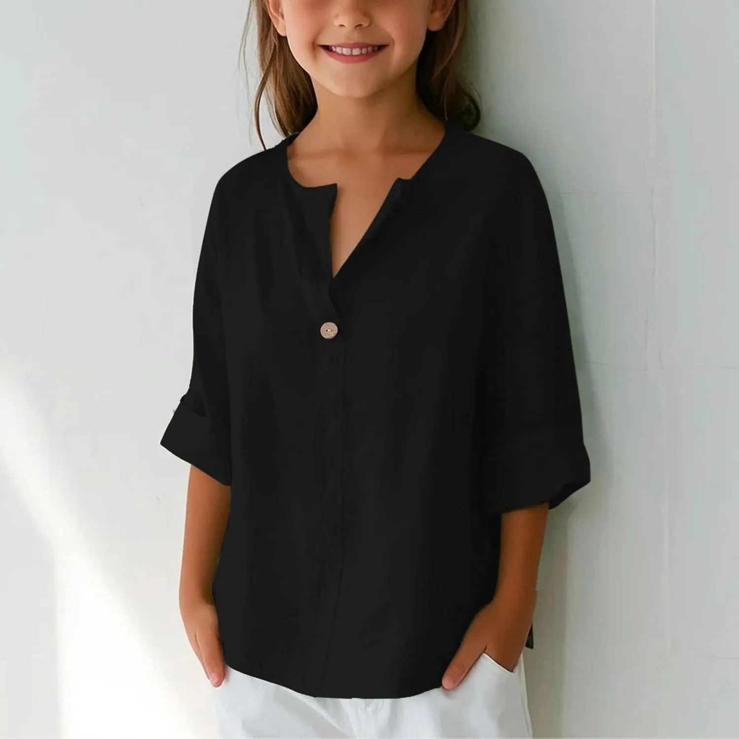 Linen Tops for Girls 2025 Summer Trendy 3/4 Sleeve Cotton Linen Shirt Casual Button V Neck Loose Fit Tunic Blouses