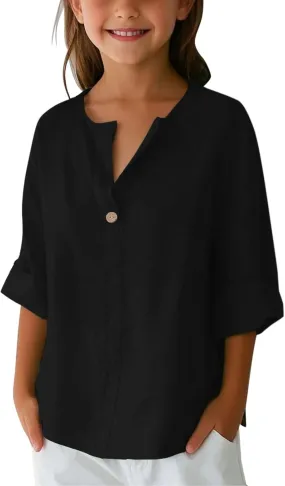 Linen Tops for Girls 2025 Summer Trendy 3/4 Sleeve Cotton Linen Shirt Casual Button V Neck Loose Fit Tunic Blouses