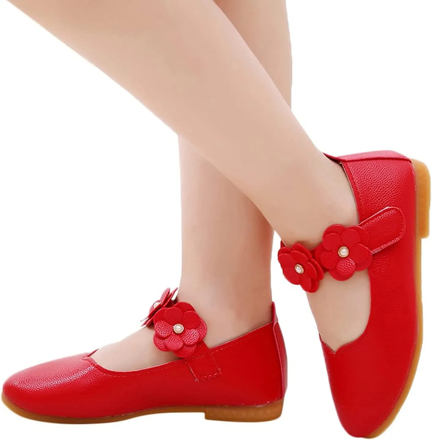 Little Girls Flower Decoration Loafers Summer Flat Bottom Princess Party Shoes for Toddler Girls (Red, 11 Little Child)