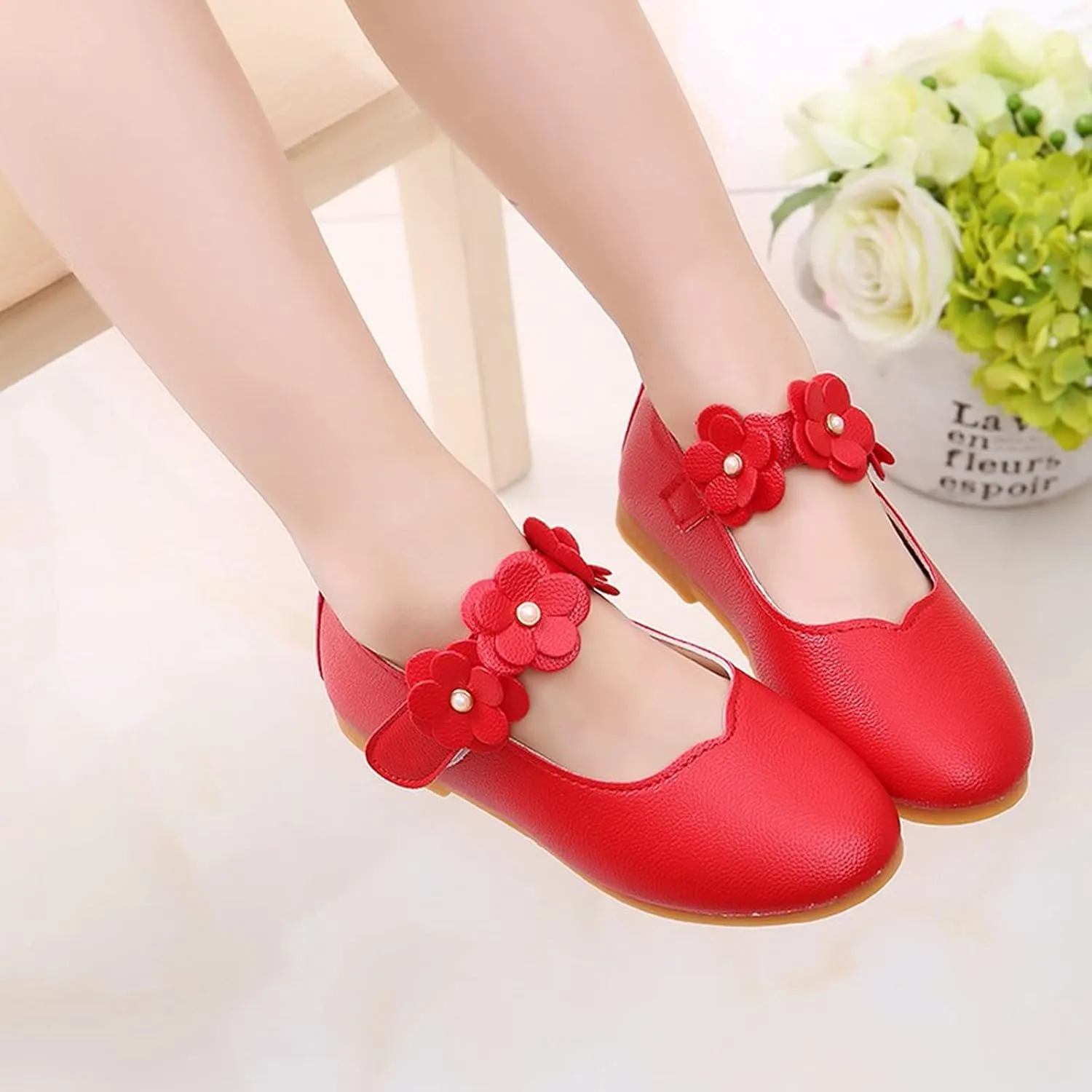 Little Girls Flower Decoration Loafers Summer Flat Bottom Princess Party Shoes for Toddler Girls (Red, 11 Little Child)