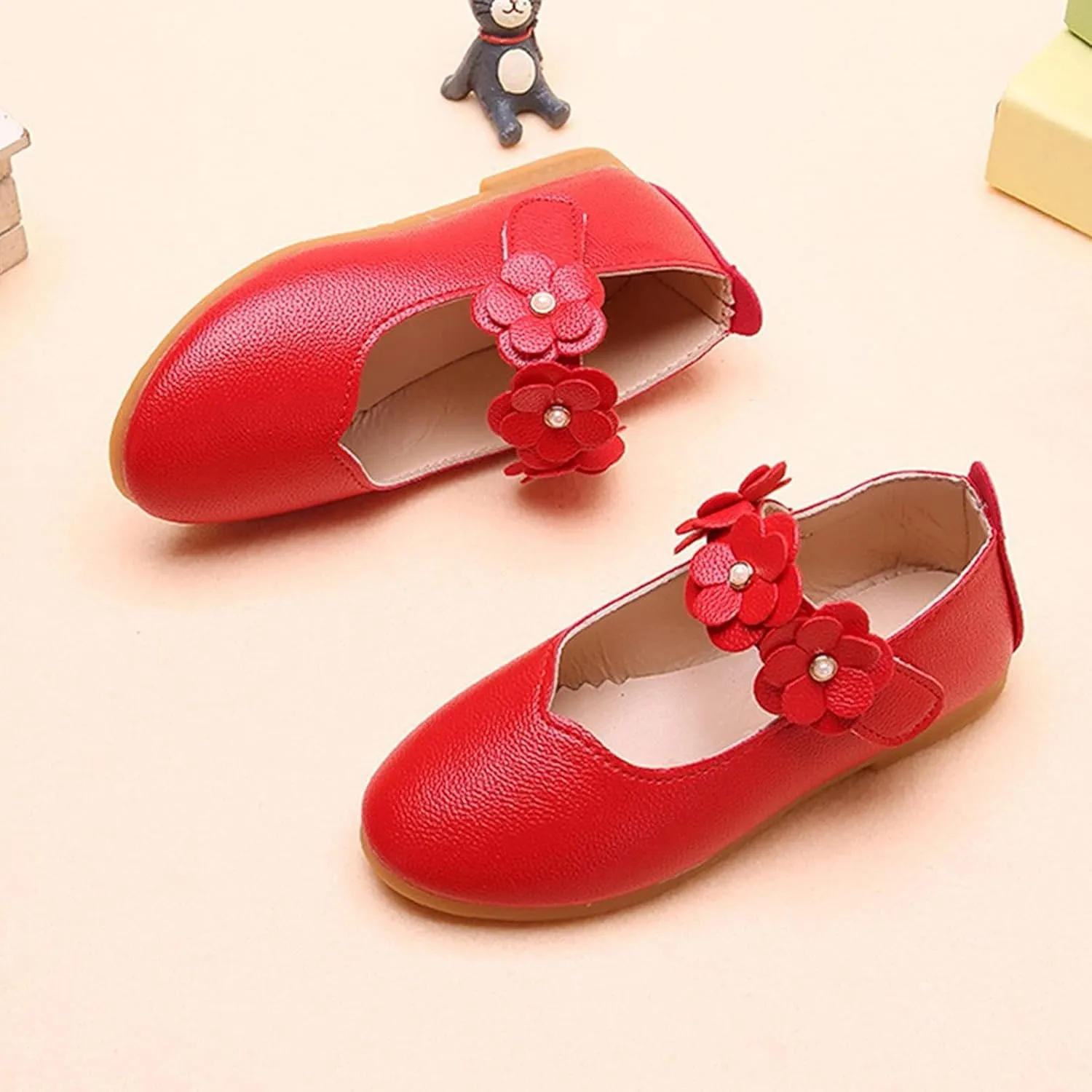 Little Girls Flower Decoration Loafers Summer Flat Bottom Princess Party Shoes for Toddler Girls (Red, 11 Little Child)