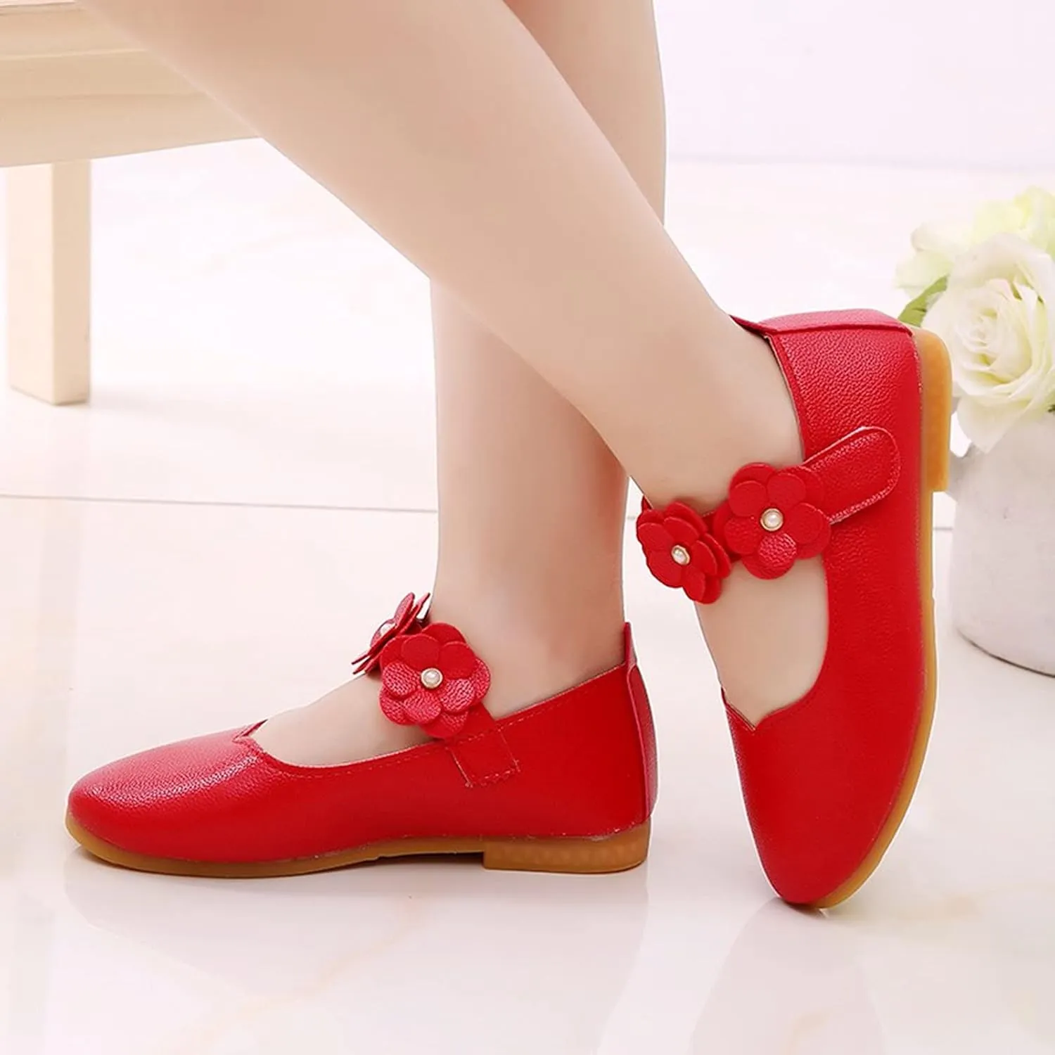 Little Girls Flower Decoration Loafers Summer Flat Bottom Princess Party Shoes for Toddler Girls (Red, 11 Little Child)