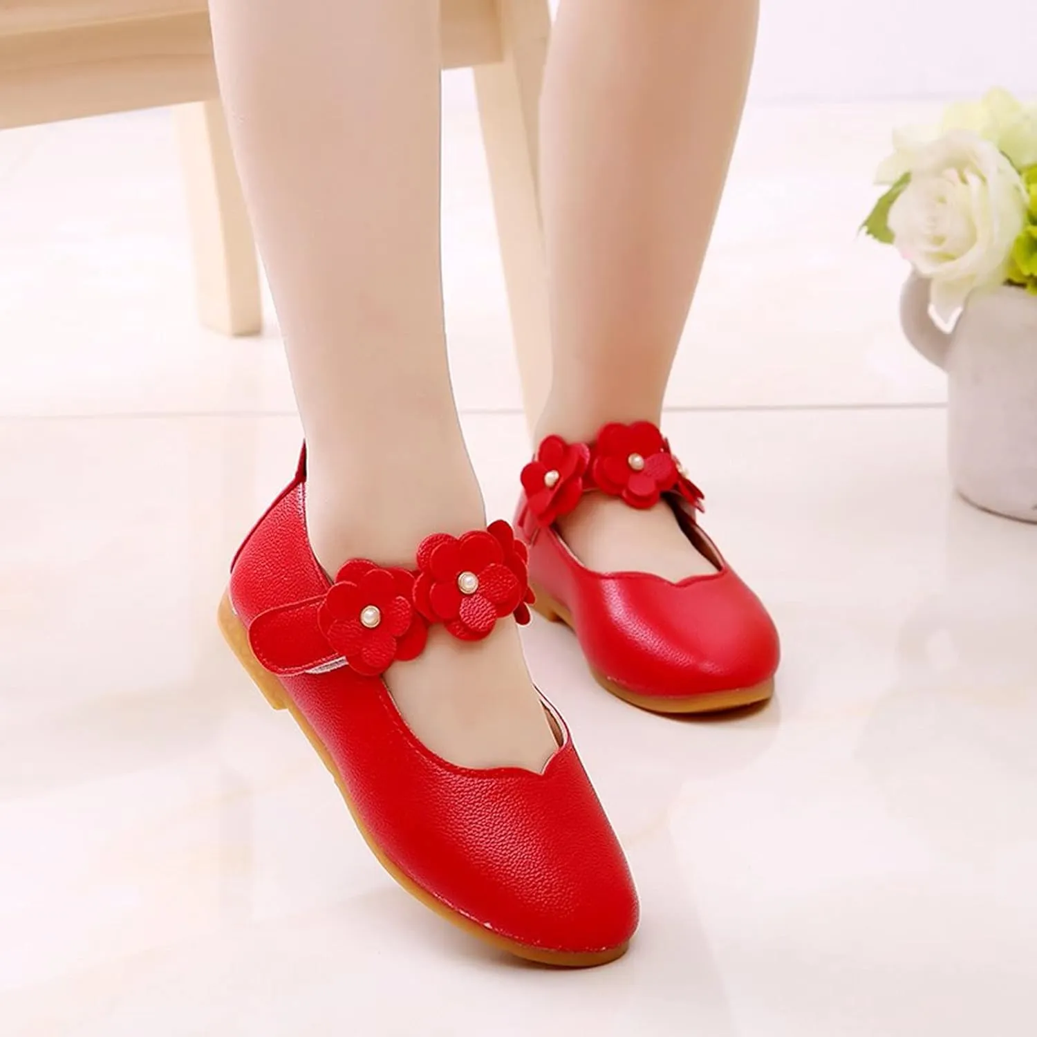 Little Girls Flower Decoration Loafers Summer Flat Bottom Princess Party Shoes for Toddler Girls (Red, 11 Little Child)