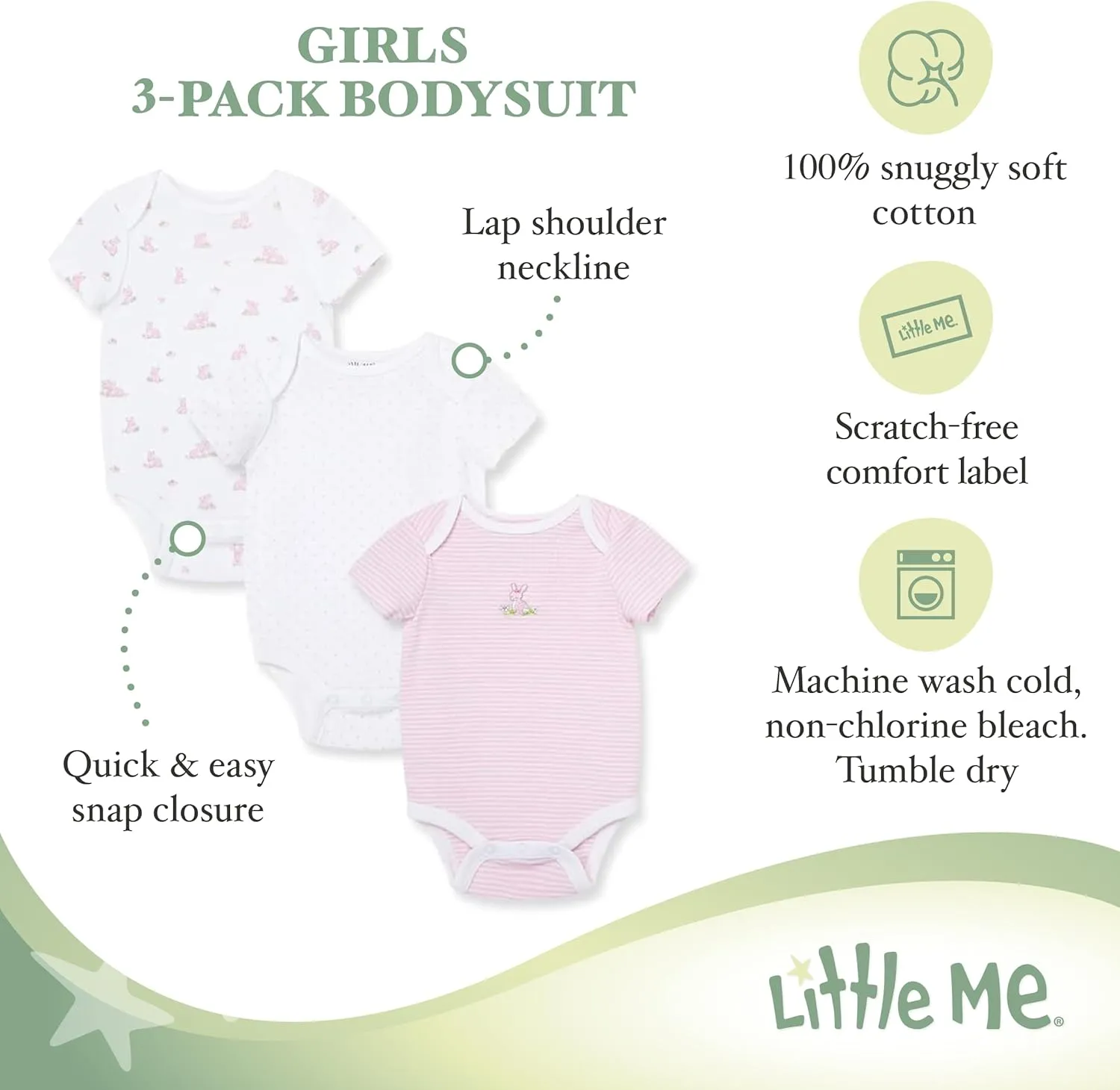 Little Me Baby Girls' 3-Pack 100% Cotton Scratch Free Tag Bodysuits